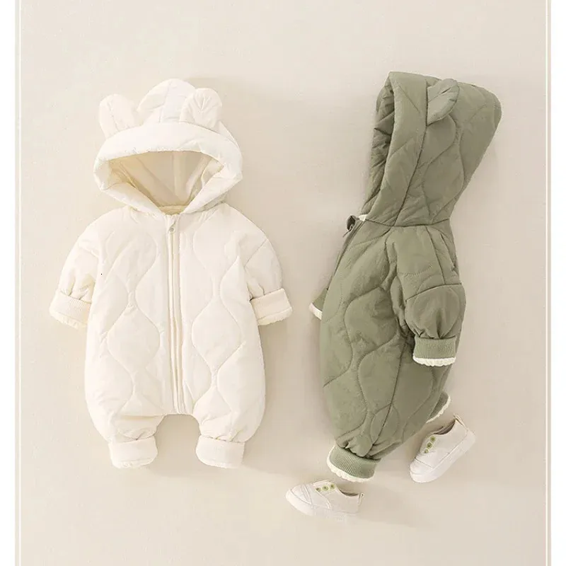 男の子の女の子冬のジャンプスーツ幼児フード付き厚いロンパー長袖ジッパー
