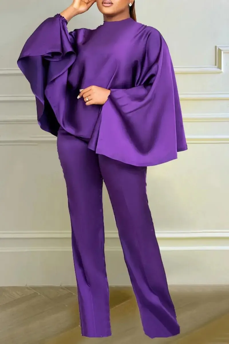 2024 Spring Women's Set Fashionable Solid Color Satin Bat Sleeves Loose Top Straight Tube Pants Casual Commuting OL Women's Set 231225