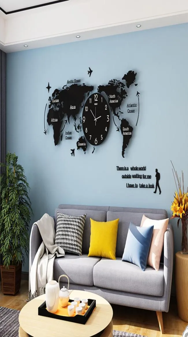 MEISD Orologio da parete grande luminoso Design moderno Arte 3D Mappa del mondo Adesivo a specchio Orologio appeso Orologio in acrilico Home Living Room Decor8879106