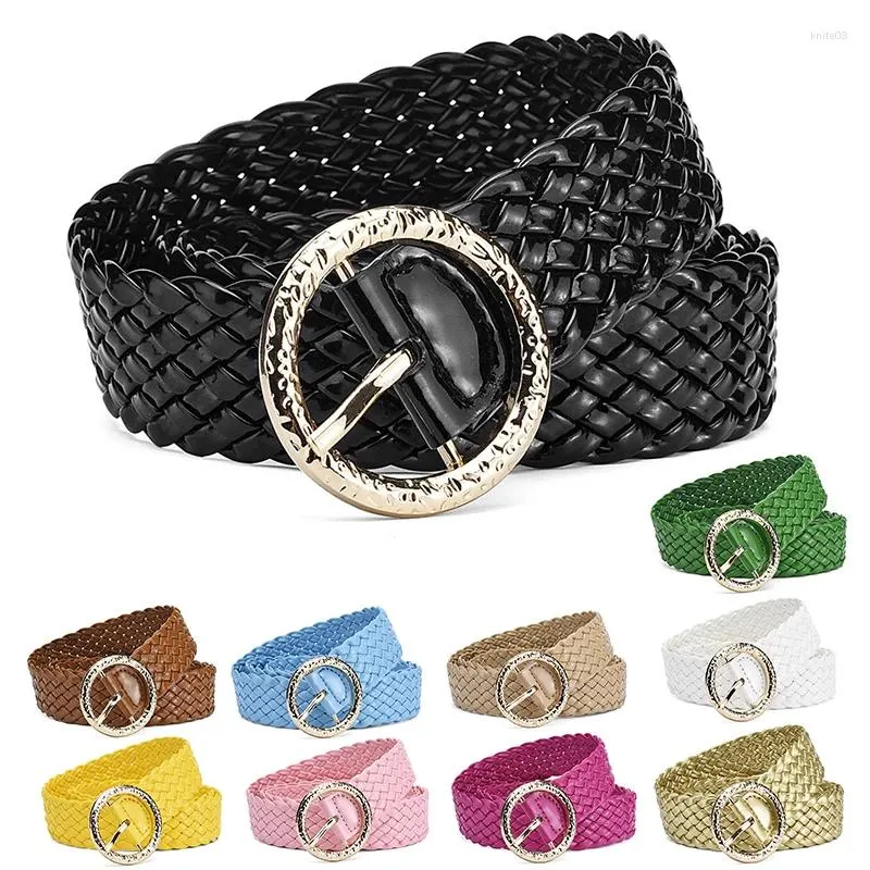 Belts Fashion Braided Watchband Metal Round Buckle PU Bright Patent Leather Decorative Wide Belt All Matching Clothing