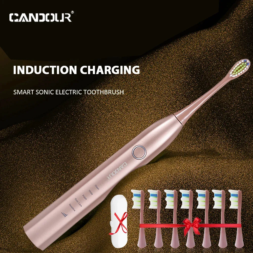 CANDOUR CD-5168 Sonic Electric Toothbrush Rechargeable Toothbrush IPX8 Waterproof 15 Mode USB Charger Replacement Heads Set 231225
