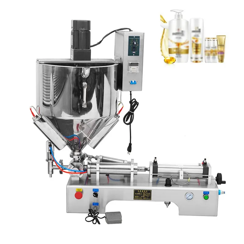 Pneumatisk dubbelhuvud Läppstiftuppvärmning Stirring Filling Machine Commercial Mixing Tratt Liquid Paste Packaging Machine