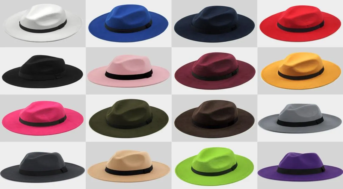 New Fashion TOP hats for men women Elegant fashion Solid felt Fedora Hat Band Wide Flat Brim Jazz Hats Stylish Trilby Panama Cap2717070