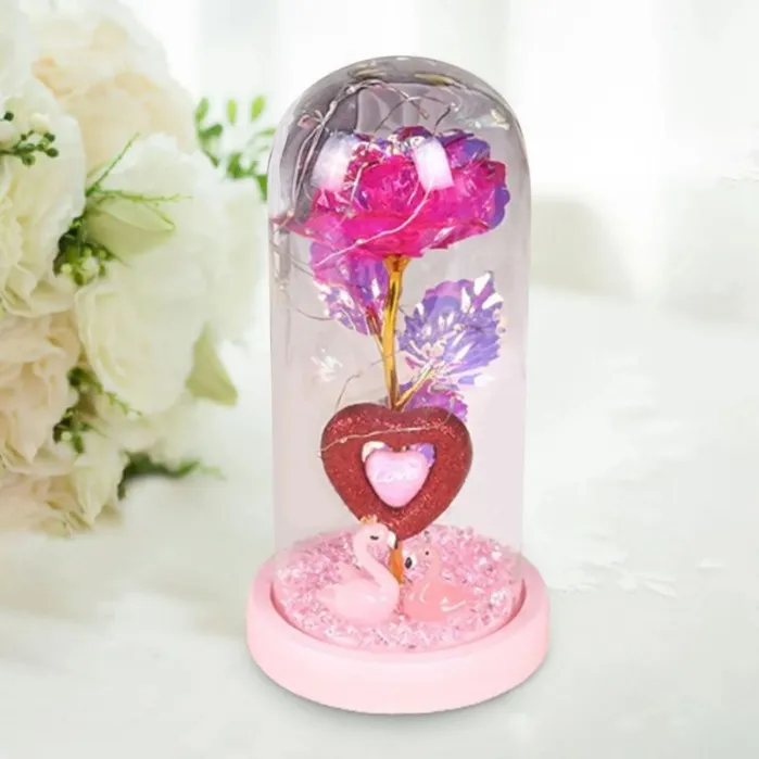 Rose in Glass Dome with Lights Valentines Day Gifts for Mom Valentines Day Decor Glass Covered Rose Rose Flower in Dome Glass