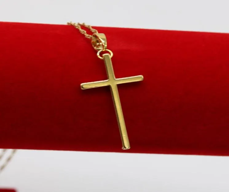 Pendentif croix lisse de Style Simple avec chaîne, or jaune 18 carats, rempli de mode pour femmes et hommes, pendentif Crucifix, collier 7620953