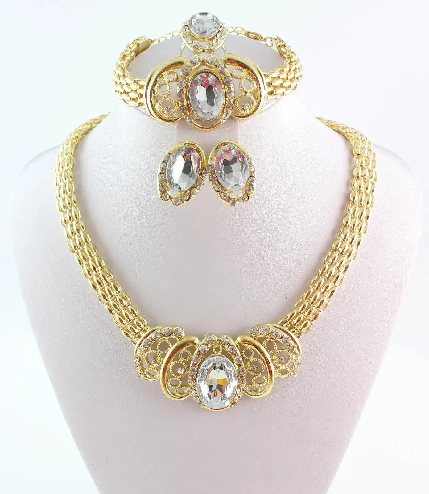 Sets New Arrival Gold Plated Wedding Jewelry Set Classic Rhinestone Necklace Set dubai african costume wedding