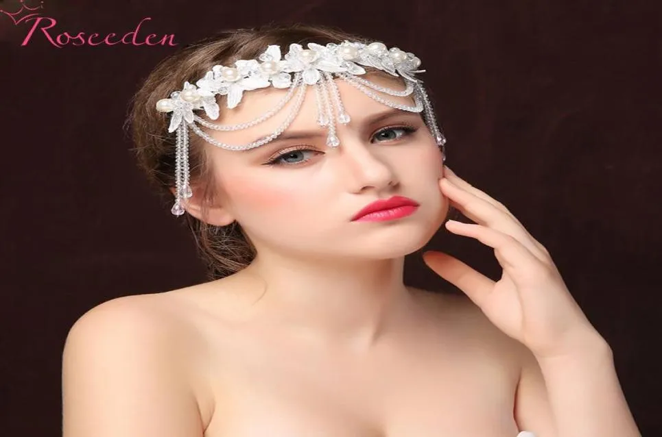 Hårklipp Barrettes Bröllopsprydnad Kvinnor Huvudstycke Lace Head Chain Pearl Jewelry Bridal Shinny Rhinestone Hairpieces Re1856304815