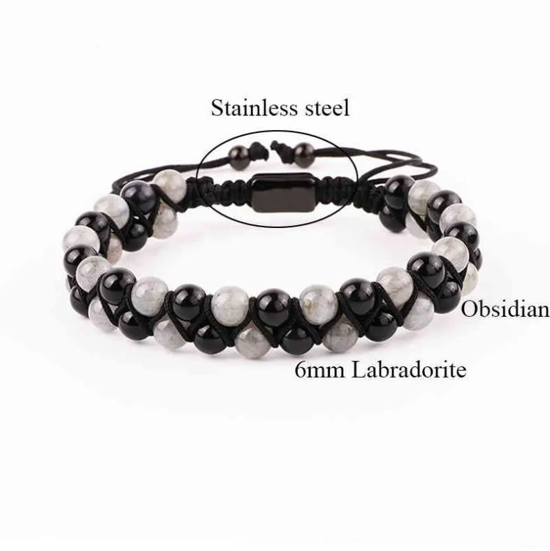 Modisches Edelstein-Armband, natürlicher 6 mm Labradorit, schwarze Achat-Perlen, handgefertigte Kordel, geflochtenes Makramee-Armband für Herren und Damen, 4064627