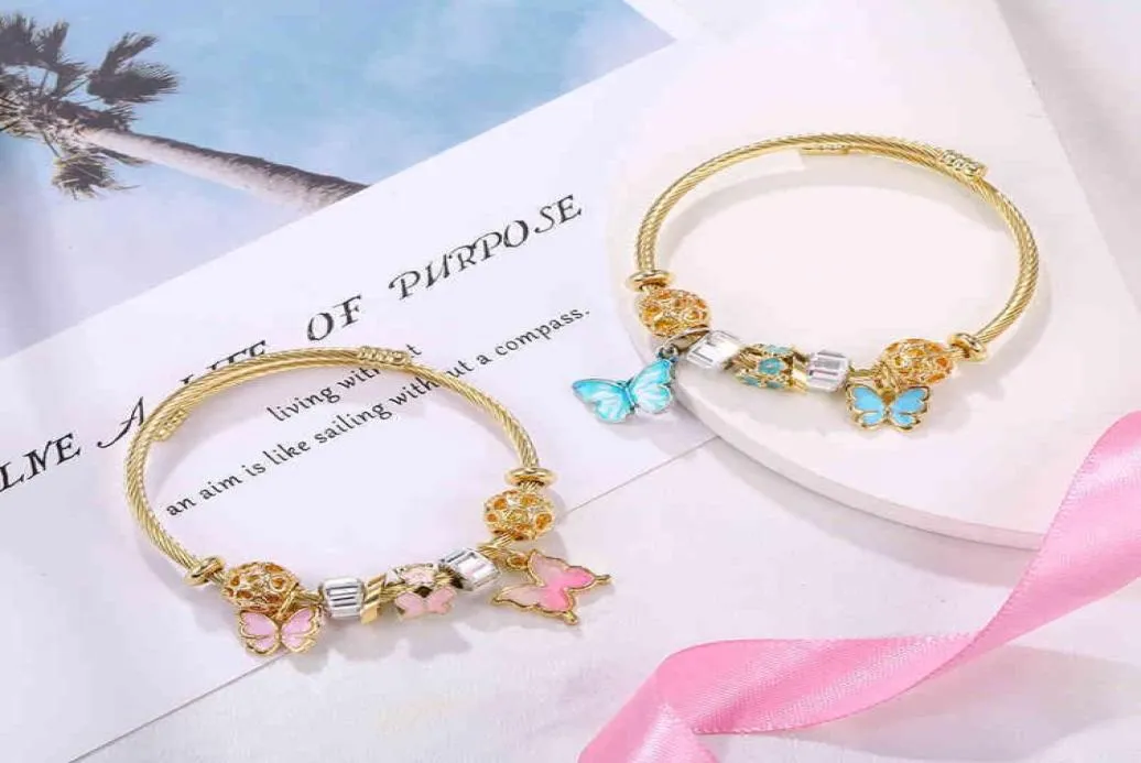 Opening stainls titanium steel bracelet gold pink gradual change butterfly pendant pearl Korean beauul girl accsori30248881574253