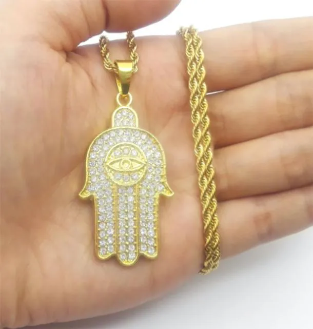 Hip Hop Hamsa main de Fatima chanceux mauvais œil Protection amulette cristal pendentif collier 24 pouces corde chaîne 4539045