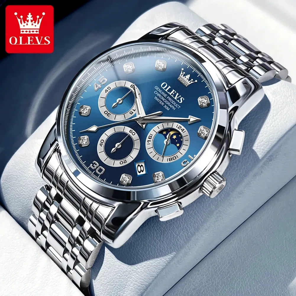 OLEVS Reloj de lujo para Hombre Relojes de pulsera de cuarzo originales de alta calidad para Hombre Diseño de fase lunar resistente al agua Relojes para Hombre Reloj Hombre 231225