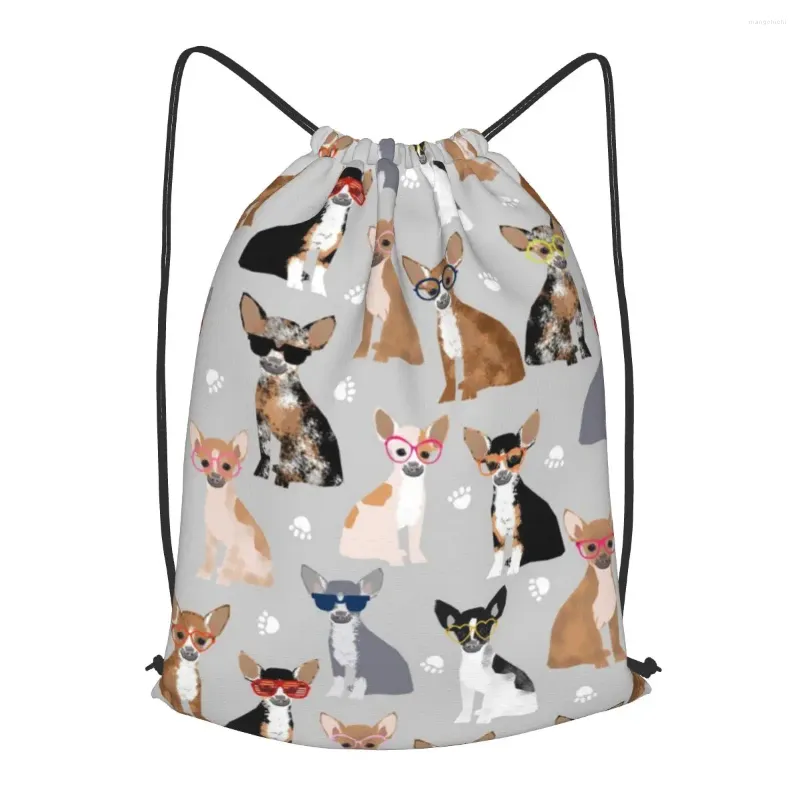 Sacos de compras Chihuahua Dog Drawstring Backpack Homens Gym Workout Fitness Sports Bag Bundled Yoga para Mulheres