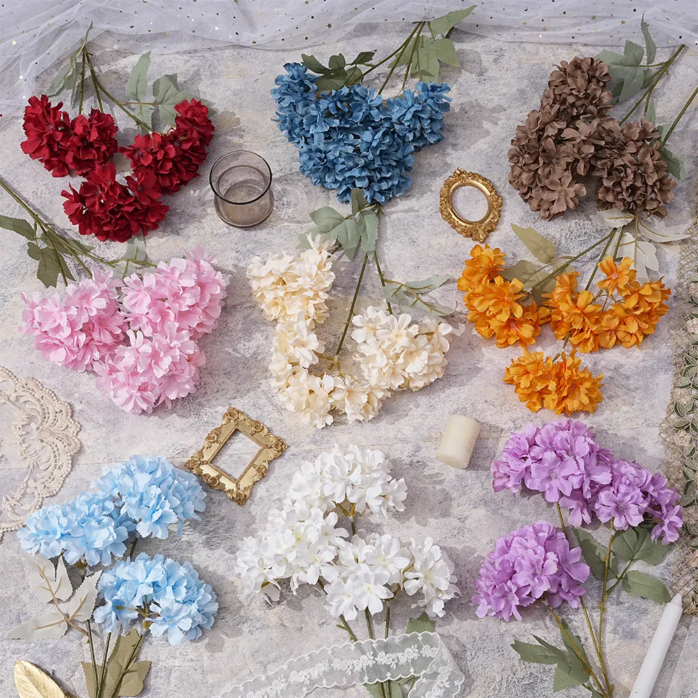 Simulación de hortensia de 3 cabezas, accesorios de fotografía para arreglos de boda, adornos para el hogar, hortensia de simulación EH