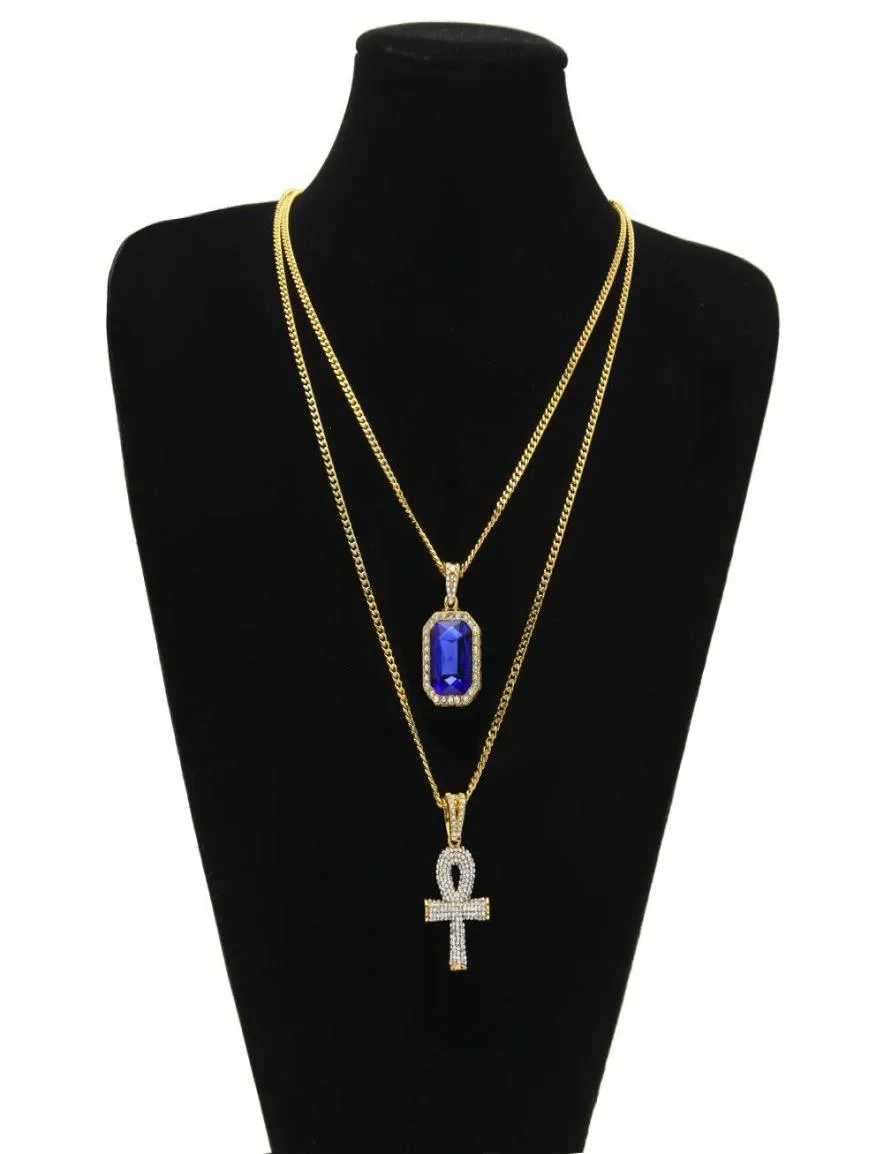 Gold chains Pretty Egyptian Ankh With Red Ruby Pendant Necklace Set Men Bling Hip Hop Jewelry7317875