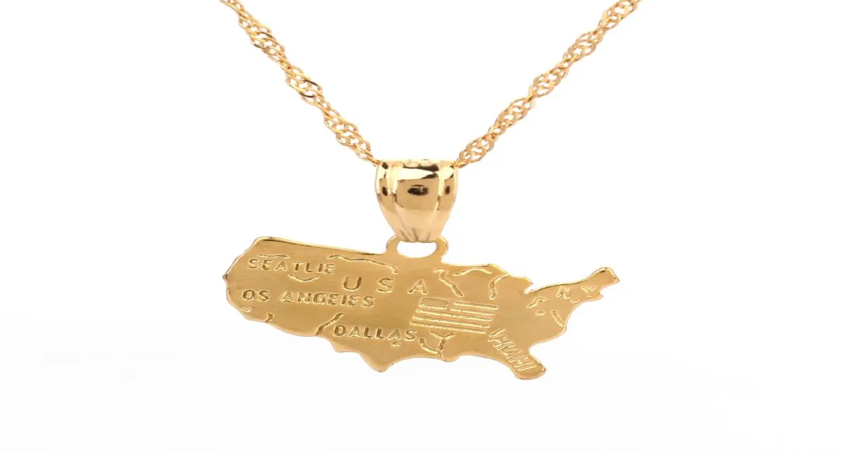 USA America Map Necklace Pendant For Women 24k Gold Color Jewelry Love United States Flag Map EuroMerican3852293