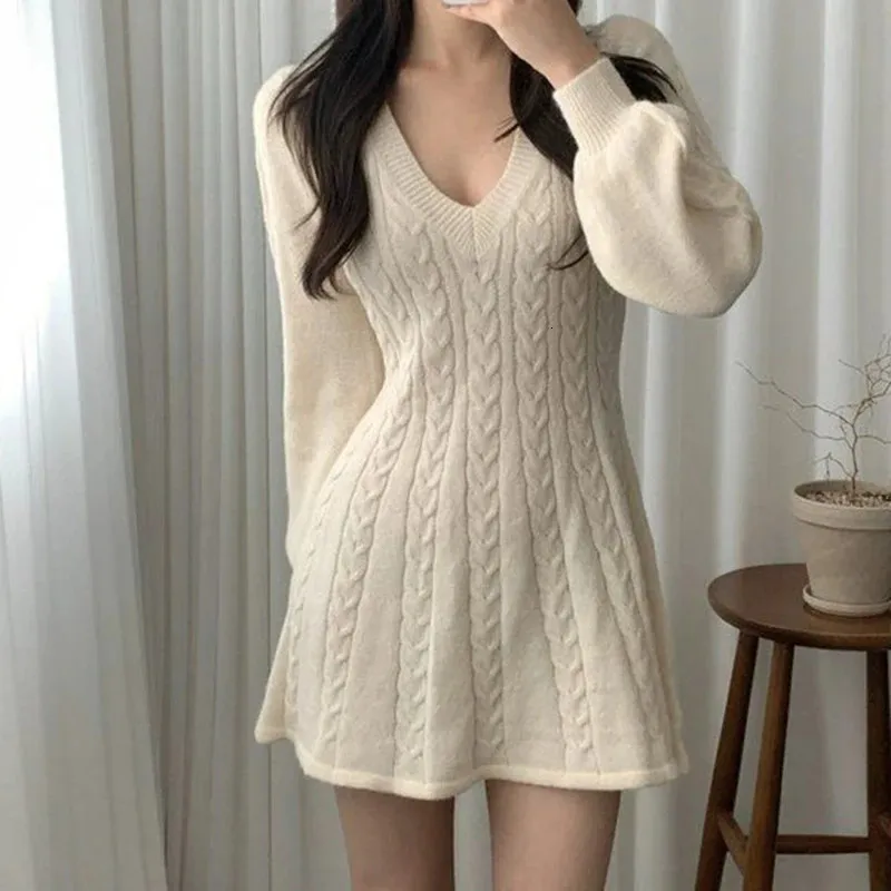 Korean Fashion Vneck Knitted Dress Women Autumn Winter Long Sleeve Sweater Dresses Woman Solid Color Dress Ladies 231226