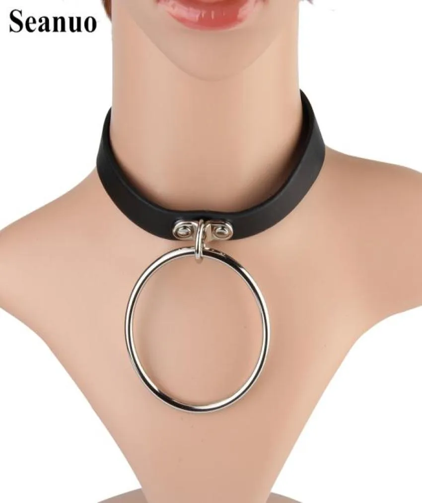 Seanuo Sexy SM Collar con colgante circular de aleación de cuero para hombres y mujeres, collar con gargantilla punk a la moda, joyería 2874001
