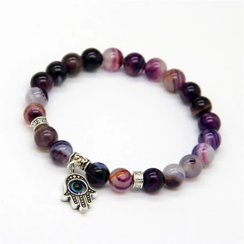 Nouveauté bijoux entiers 8mm perles naturelles violet Agate pierre perles Hamsa main Yoga bracelets cadeau pour hommes et femmes 272p