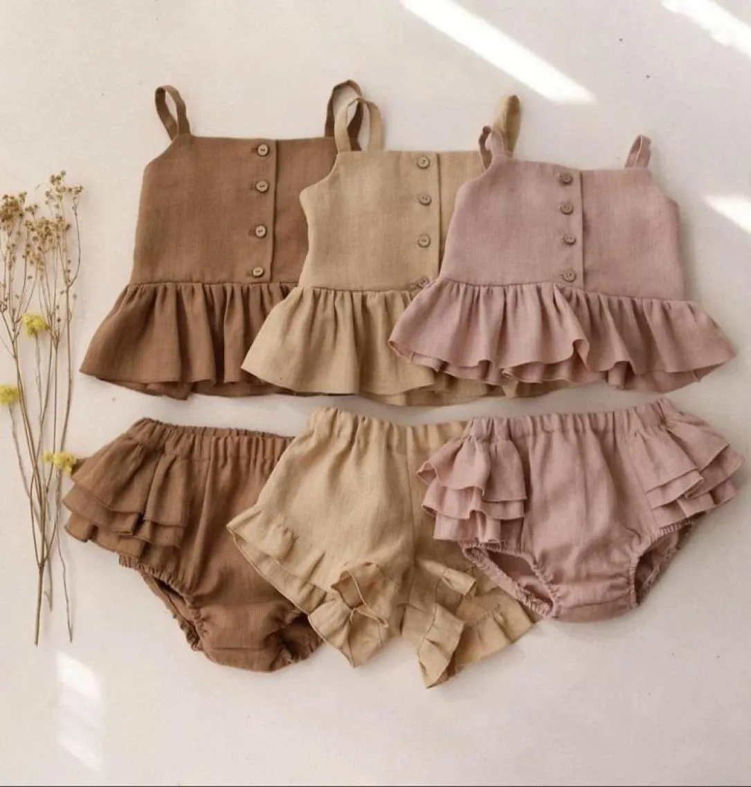 Clothing Sets Born Clothes 02 Years Old 2022 Summer Girls Sling Top Four Corners Ruffle Shorts Baby Solid Color Casual 2Pcs1874087