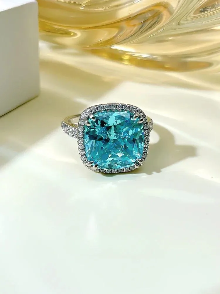 Anéis de cluster moda luxo conjunto gordo quadrado palaiba anel de prata pura com diamante de alto carbono esmagado corte jóias de casamento