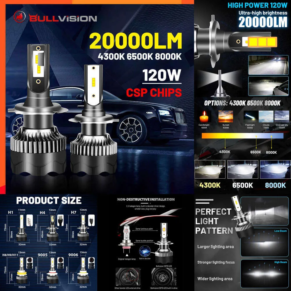 Mise à niveau de voiture H4 phare LED 20000LM puce CSP LED H7 H1 H11 H8 H9 9005 9006 HB3 HB4 120W 4300K 6500K 8000K PTF ampoule de glace antibrouillard Bullvision