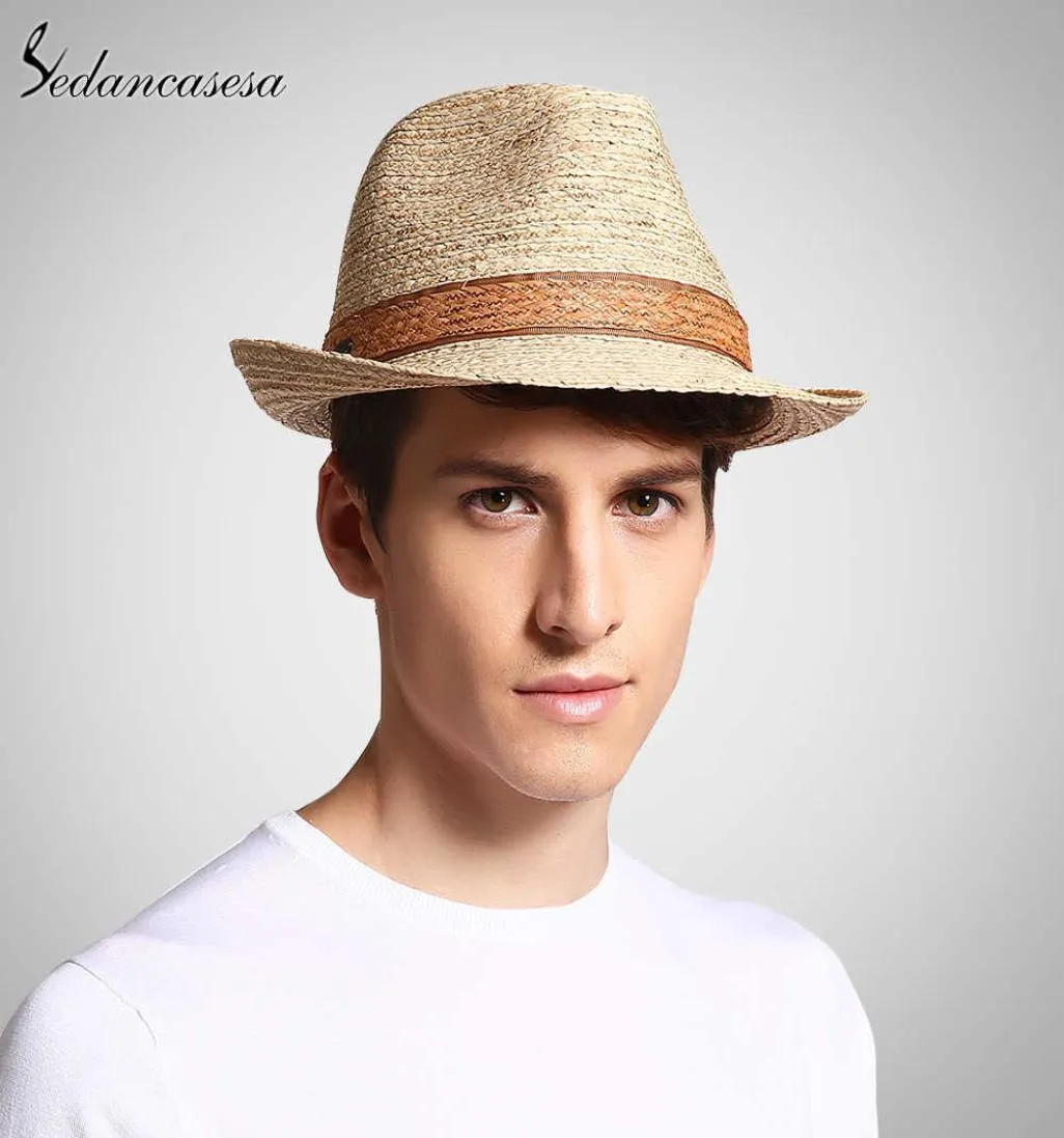 Klasyczny mężczyzna Fedora Słomiany Kapelusz UV Ochrona Summer Słońce Hats For Man Women Ręcznie robione Raffia Słomka Trilby Cap Beach Holiday Cool Y1907785827