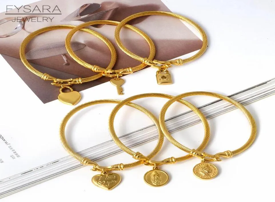 Titan rostfritt stål kabel manschettarmband nyckellås armband för kvinnor handled pulseiras guld charms älskare smycken2397750