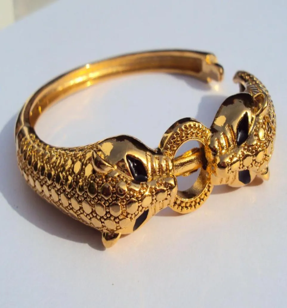 Bracciale aperto con gioielli GF in oro massiccio giallo Baht tailandese con occhi neri leopardati Pesante9130716