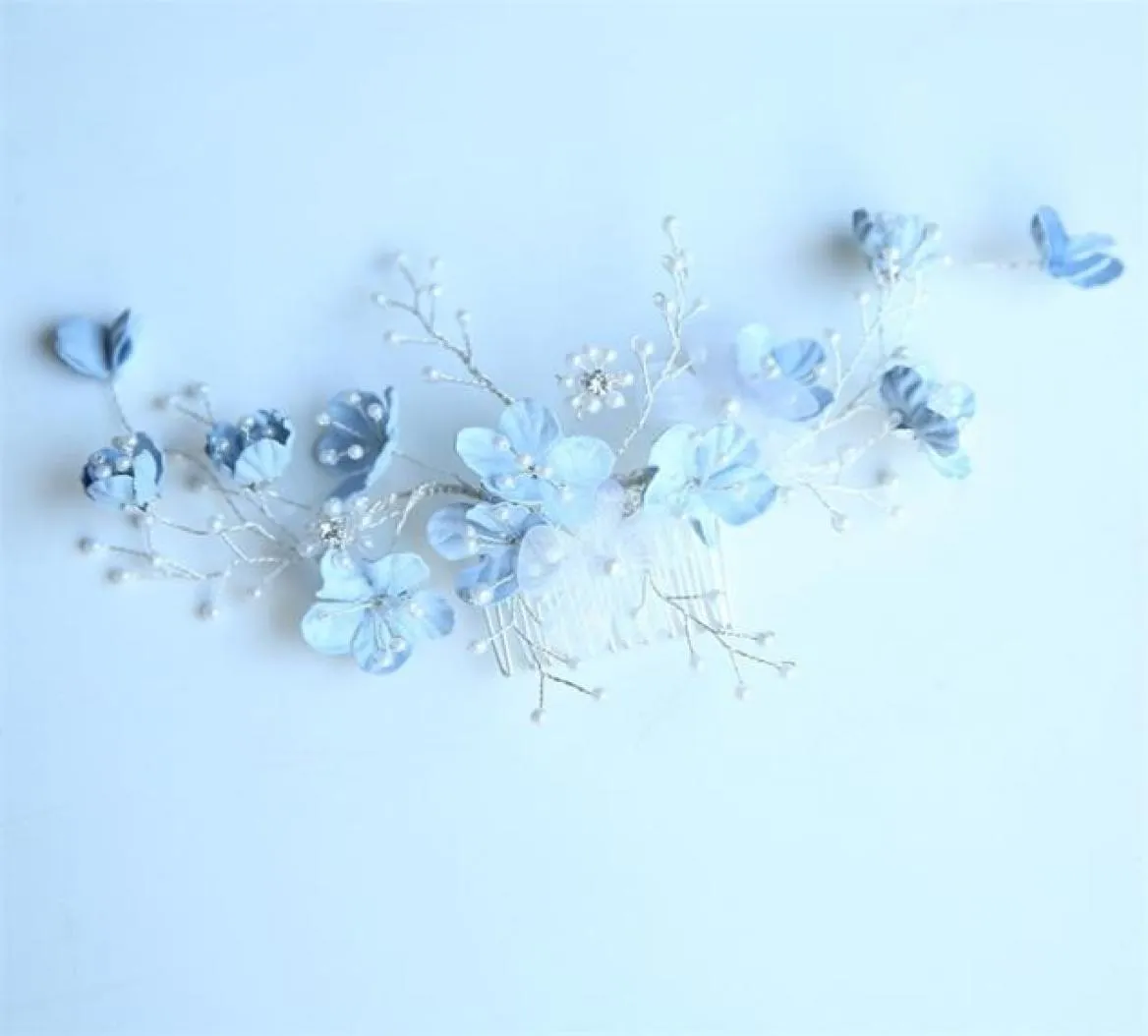 Jonnafe Light Blue Floral Hair Comb Wedding Accessories Pearls Bridal Jewelry 수제 여성 장식품 2110192169241