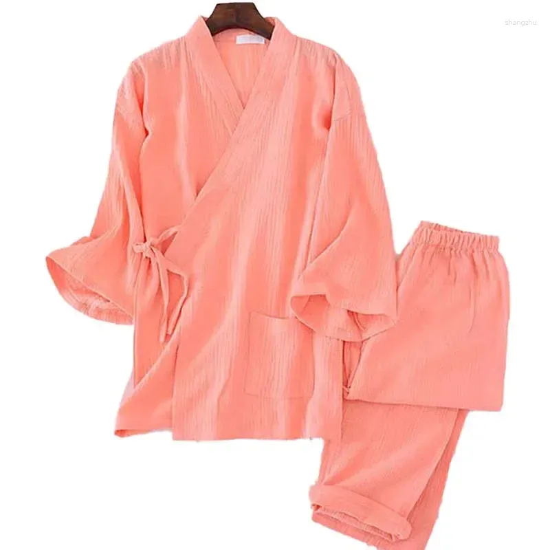 Женская одежда для сна, весна-лето, хлопковый двухслойный марлевый креп, парное кимоно, пижамный комплект, тонкая однотонная домашняя одежда в японском стиле