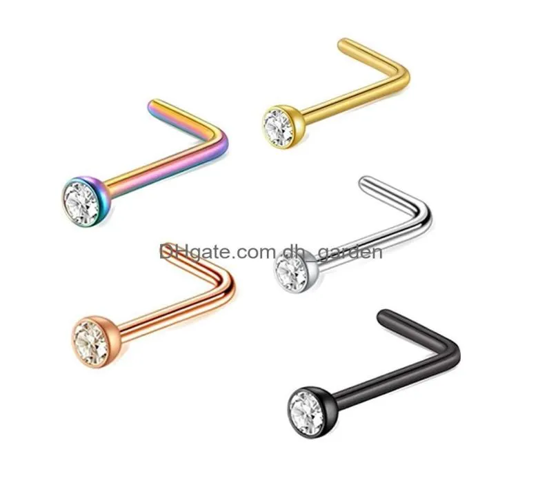 Nose Rings Studs Stainless Steel Stud Ring Cz L Shape Body Piercing For Womens Mens Straight Crystal Pin India Wholes Drop Del3838445