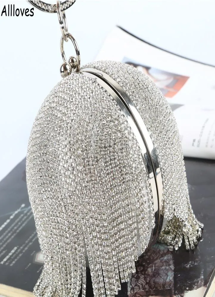 Argent diamants strass boule ronde sacs à main de soirée pour les femmes cristaux scintillants mode Mini glands pochette dames anneau Hand2226612