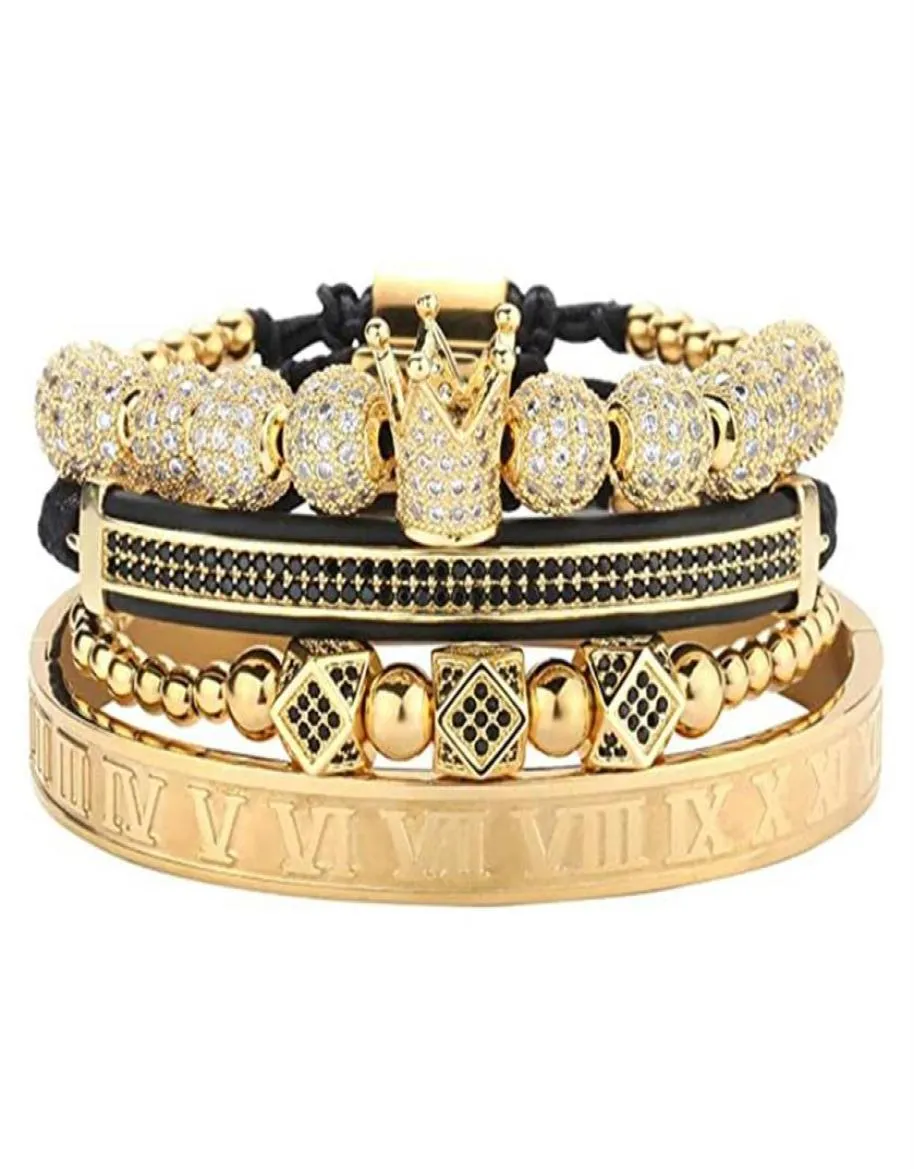 4 teile/satz Handgemachte Flechten Armband Gold Hip Hop Männer Pflastern CZ Zirkon Krone Römische Ziffer Luxus Schmuck Geschenk Valentine039s tag C6925196