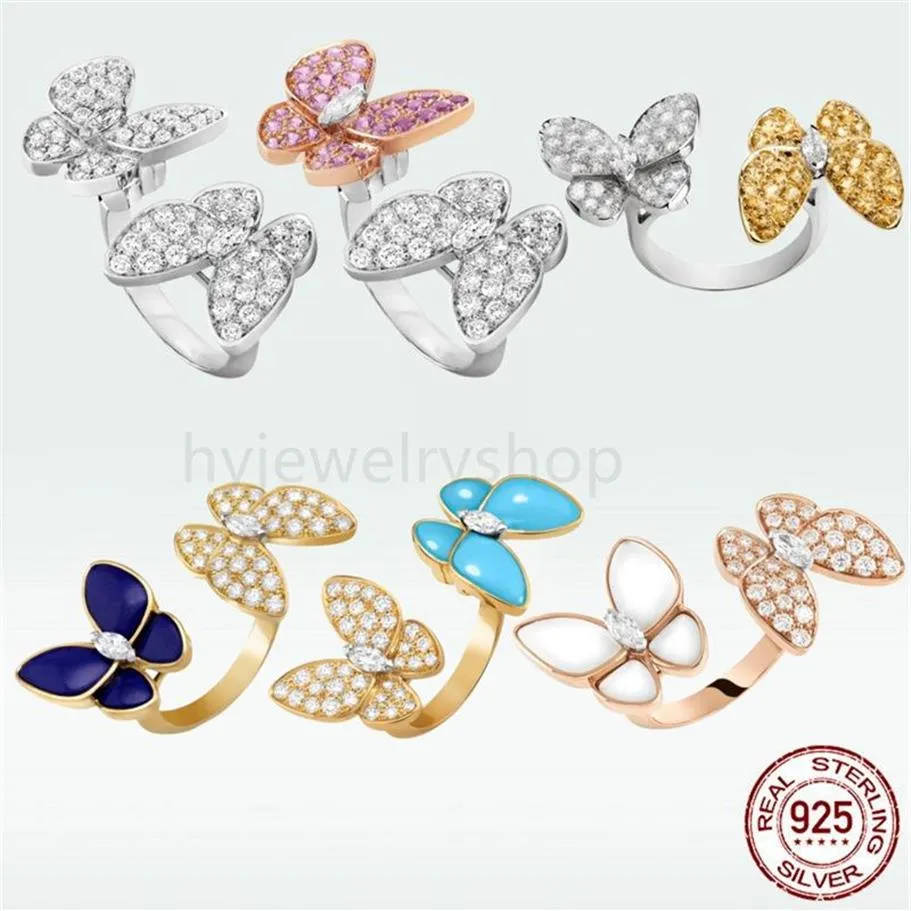 Vac 4 Four Leaf Clover Designer Butterflies Band Ring With Diamond Original 925 Silver Sterlling 18K Yellow Gold Jewelry Engagemen2773