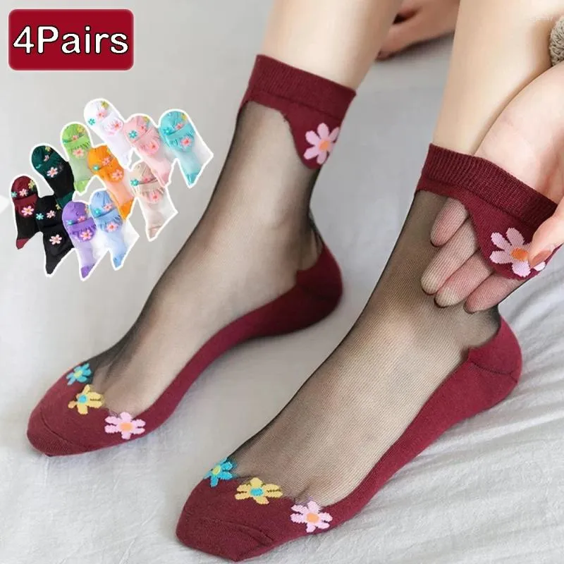 Women Socks 4Pairs Fashion Crystal Silk Summer Anti Hook Short Floral Transparent Sox Ladies Mid Tube Casual