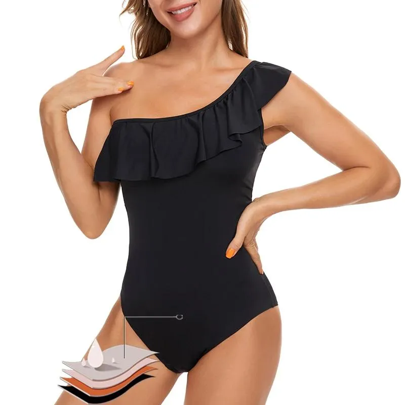 Wear Female Solid Black Ruffled Onepiece Swimsuit Women Sexy Lace Up Monokini Swimwear 2022 New Girl Beach Bathing Suits