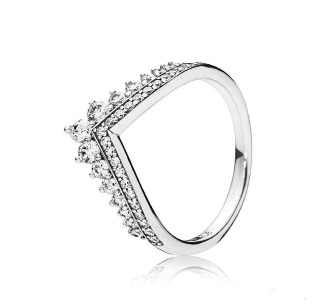 Limpar cz diamante princesa desejo anel conjunto marca caixa original para p 925 prata esterlina feminino meninas casamento coroa anéis9892963