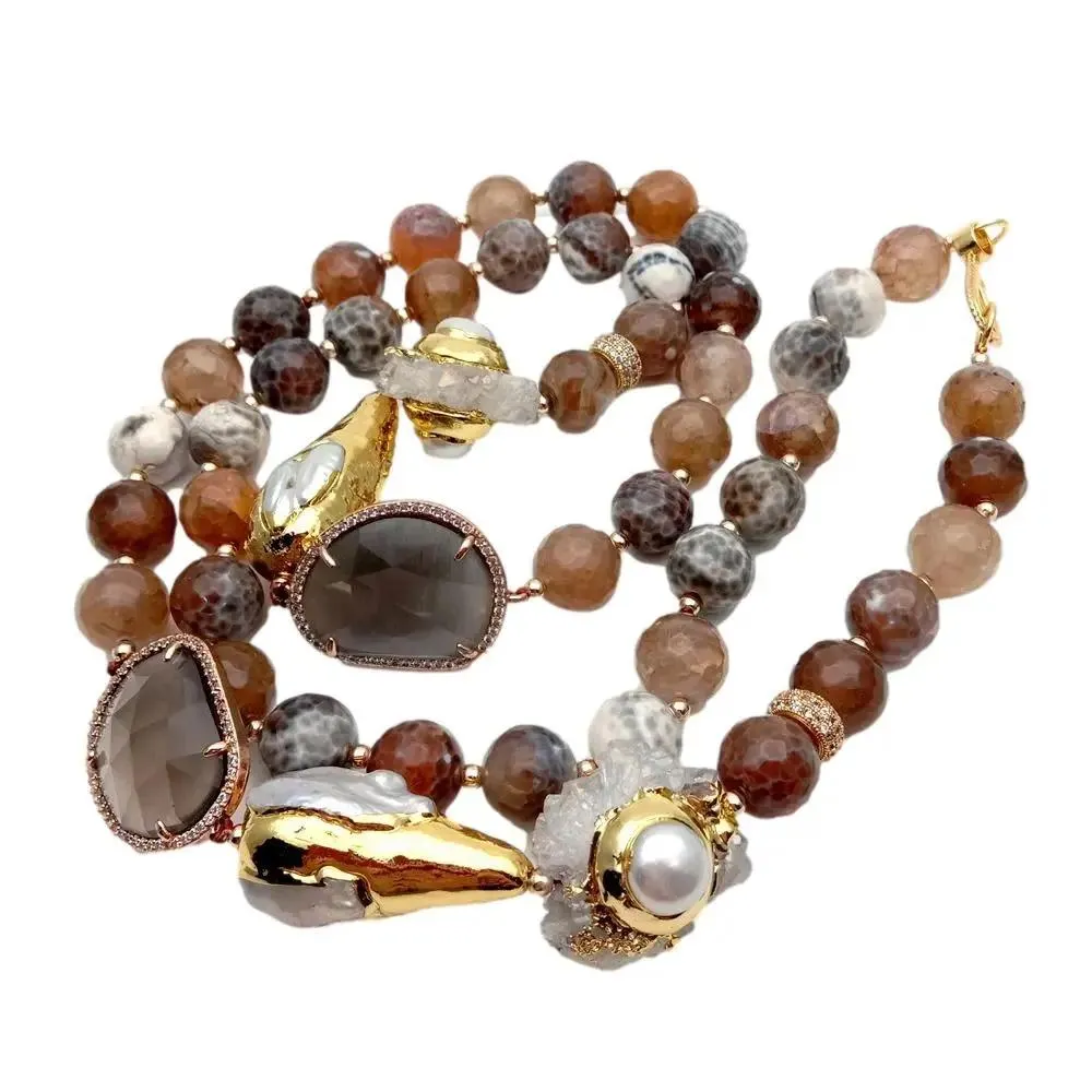 Halsband Y.ying Brown Round Faceted Agate White Quartz Crystal Cultured Pearl Long Necklace 34 "