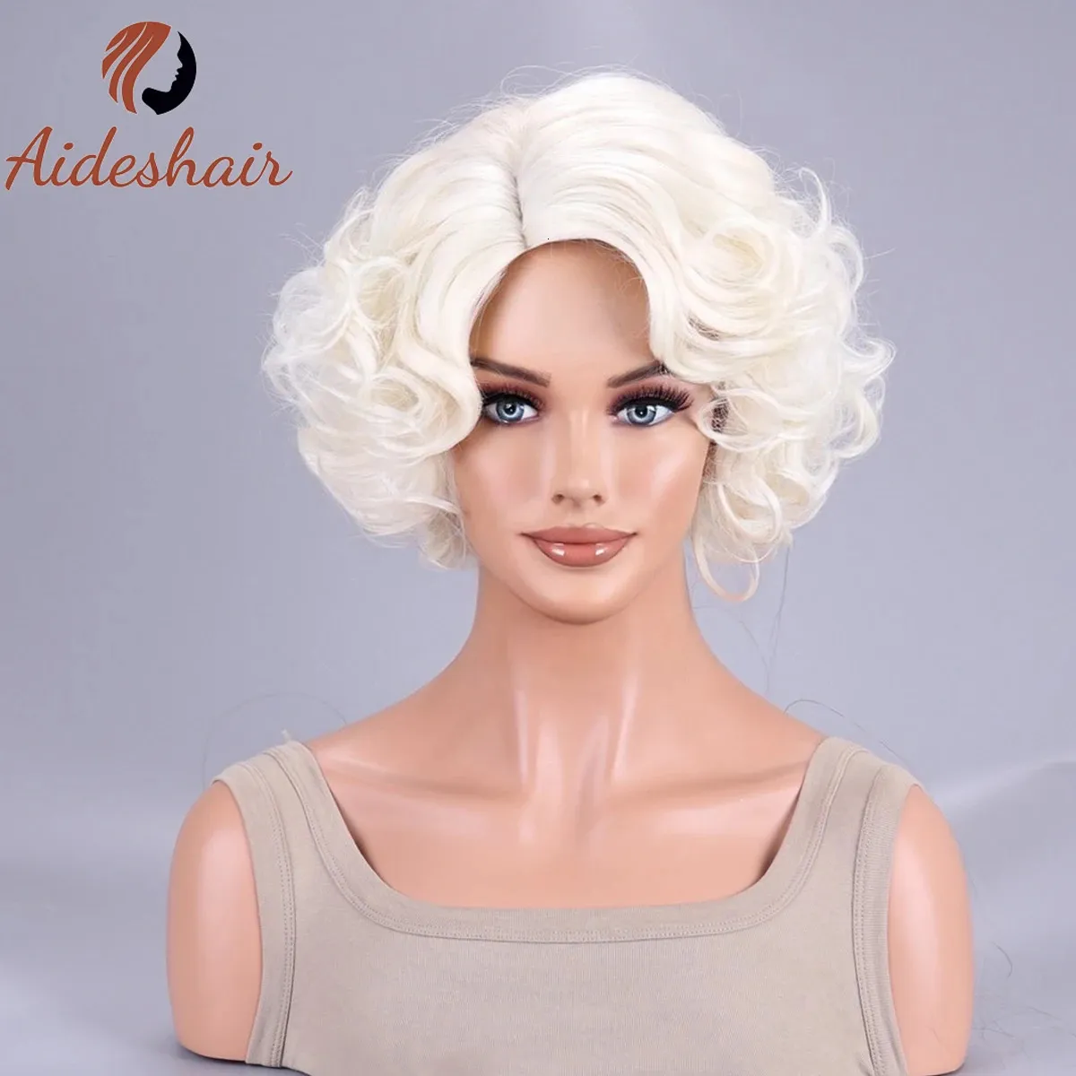 Aideshair Blonde Short Curly peruk med lugg attraktiv full för kvinnor och flickor 231226