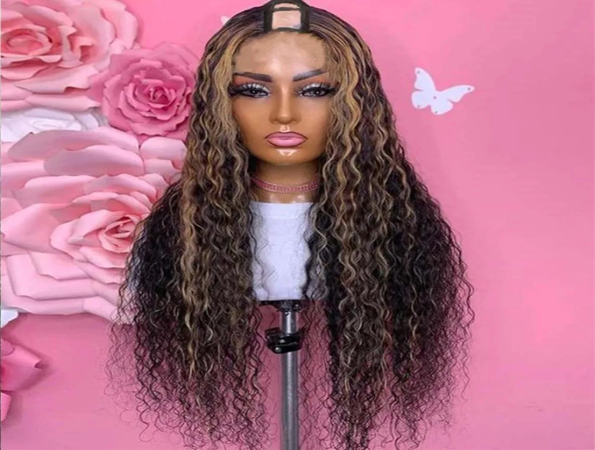 Destaque cabelo humano u parte perucas 1x4 abertura média brasileiro remy solto encaracolado peruca loira para mulher 180 densidade v peças perucas3514858