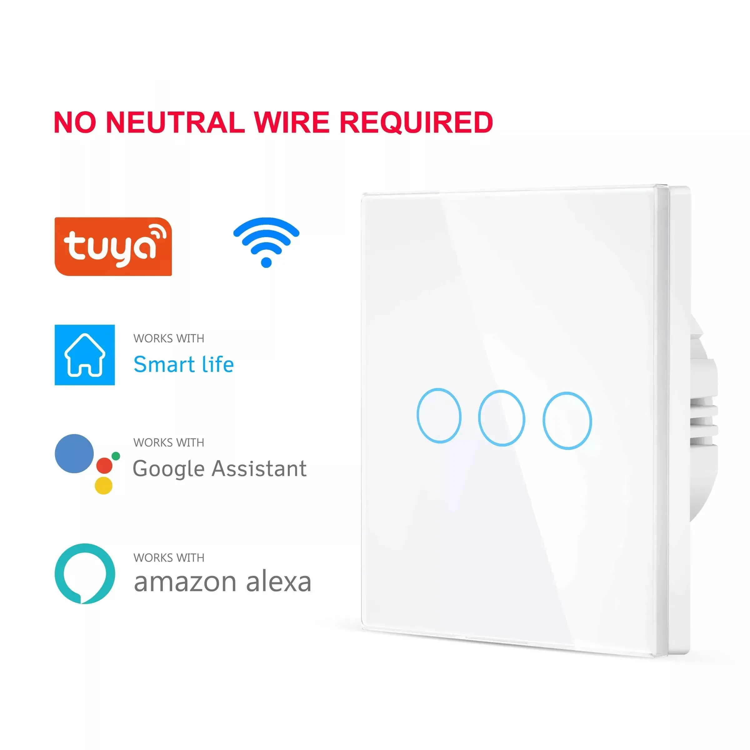 Switch Wall Touch Switch Wifi No Neutral Wire Required Light 1 2 3 Gang 100 240V Tuya Smart Home Support Alexa Google Home