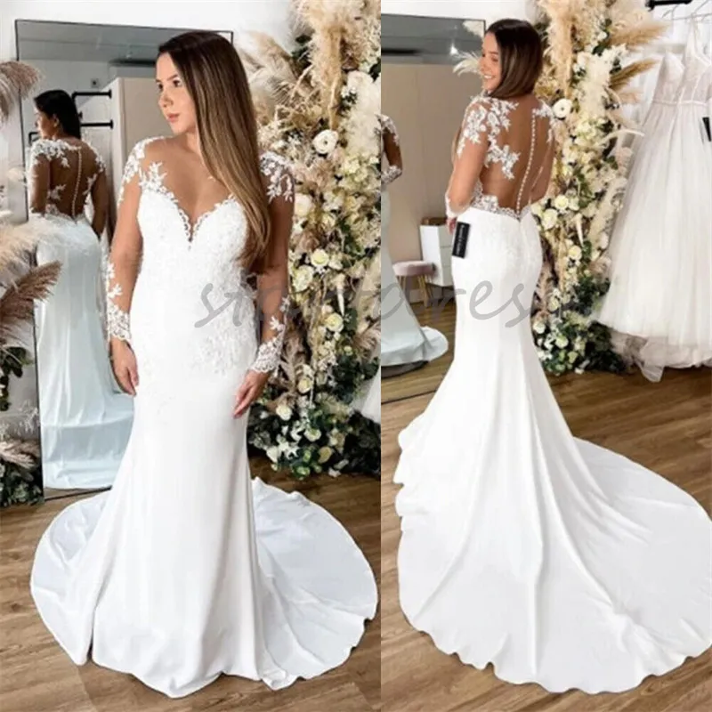 Plus Size Mermaid Wedding Dress Illusion White Beach Bride Dress 2024 Sweep Train Country Style Long Sleeve Princess Appliques Bridal Gowns Vestidos De Novia Chic