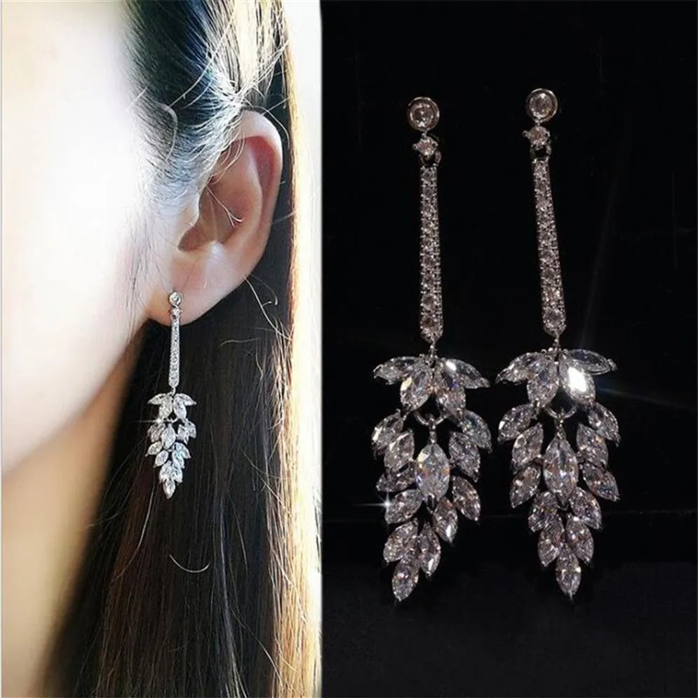 Boucle d'oreille longue étincelante bijoux de luxe 925 Stelring argent Marquise blanc topaze CZ diamant pierres précieuses femmes mariage Dangle Earr3146