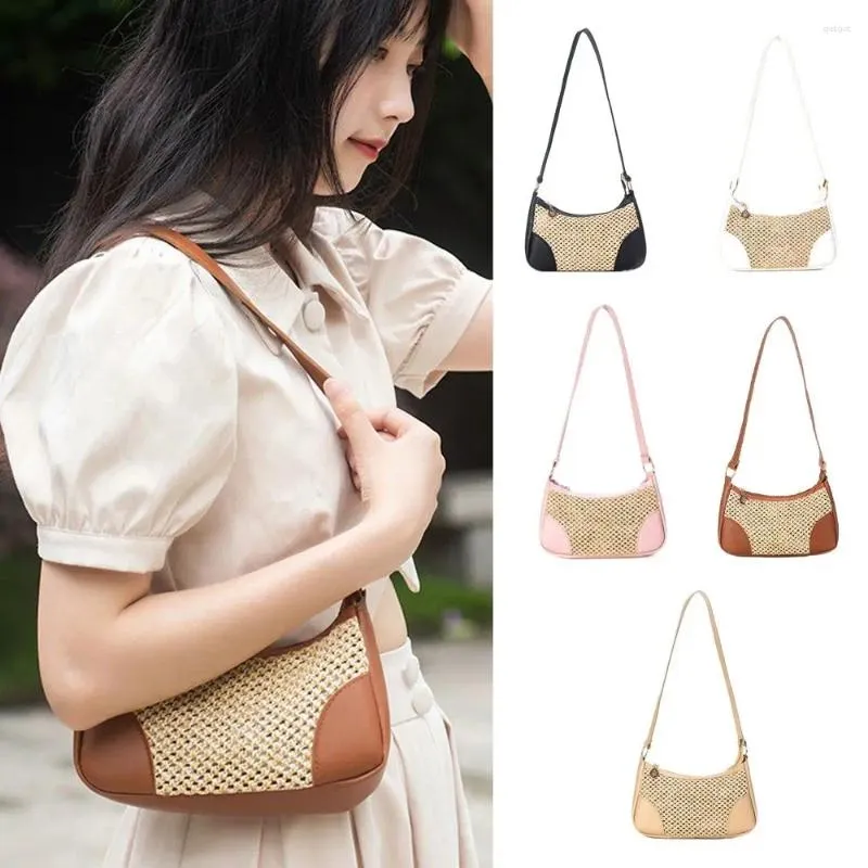 Evening Bags PU Leather Straw Woven Underarm Bag Hollow Patchwork Weave Handbag All-match Korean Style Dumpling Shoulder Outdoor