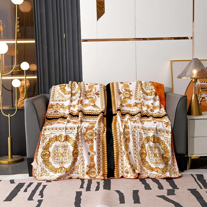 Luxury Designer Blanket gold black pattern printed palace court Printed Sofa Bed Double layer fox velvet designers Throw Blankets home decoration