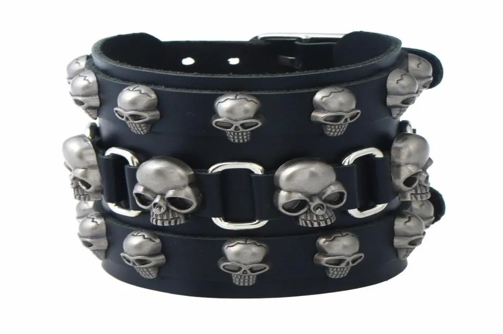 Trendy Punk Rock Armbänder Farbe Schwarz PRB001 Leder Gewebtes Accessoire Männliche Mode Legierung Schädel Nieten Perlen Hip Hop Charme Jewe5952867