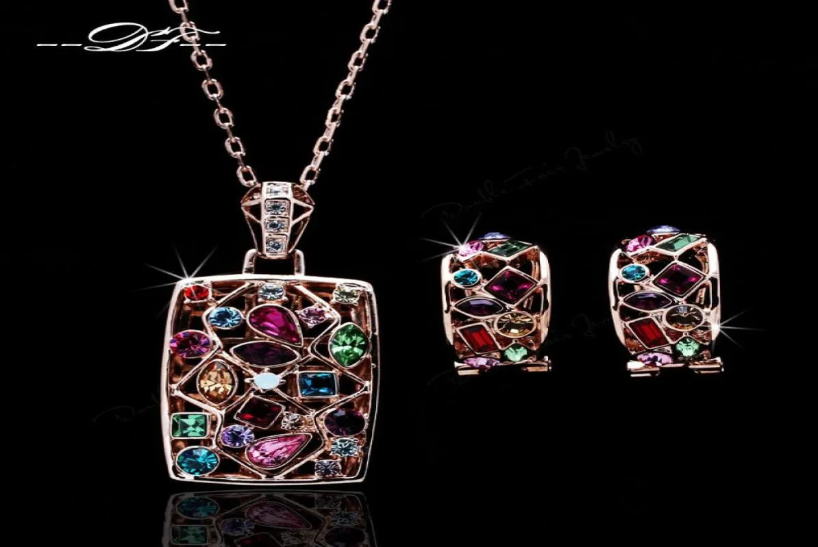 Dfs022 Luxury Multicolor Rose Gold Color Crystal Necklaces Pendants Earrings Set African Brand Wedding Jewelry For Brides C19021131089947