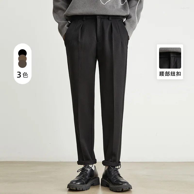 Erkek pantolon çift pileli takım elbise küçük düz kış kalınlaşmış yün iş resmi ince fit pantolon