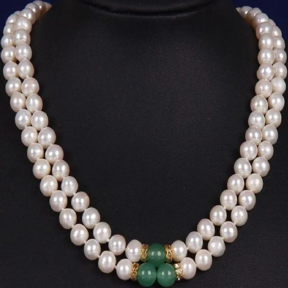 2 ROW 8-9MM SOUTH SEA WHITE GREEN JADE MOTHER PEARL NECKLACE YELLOW CLASP295r