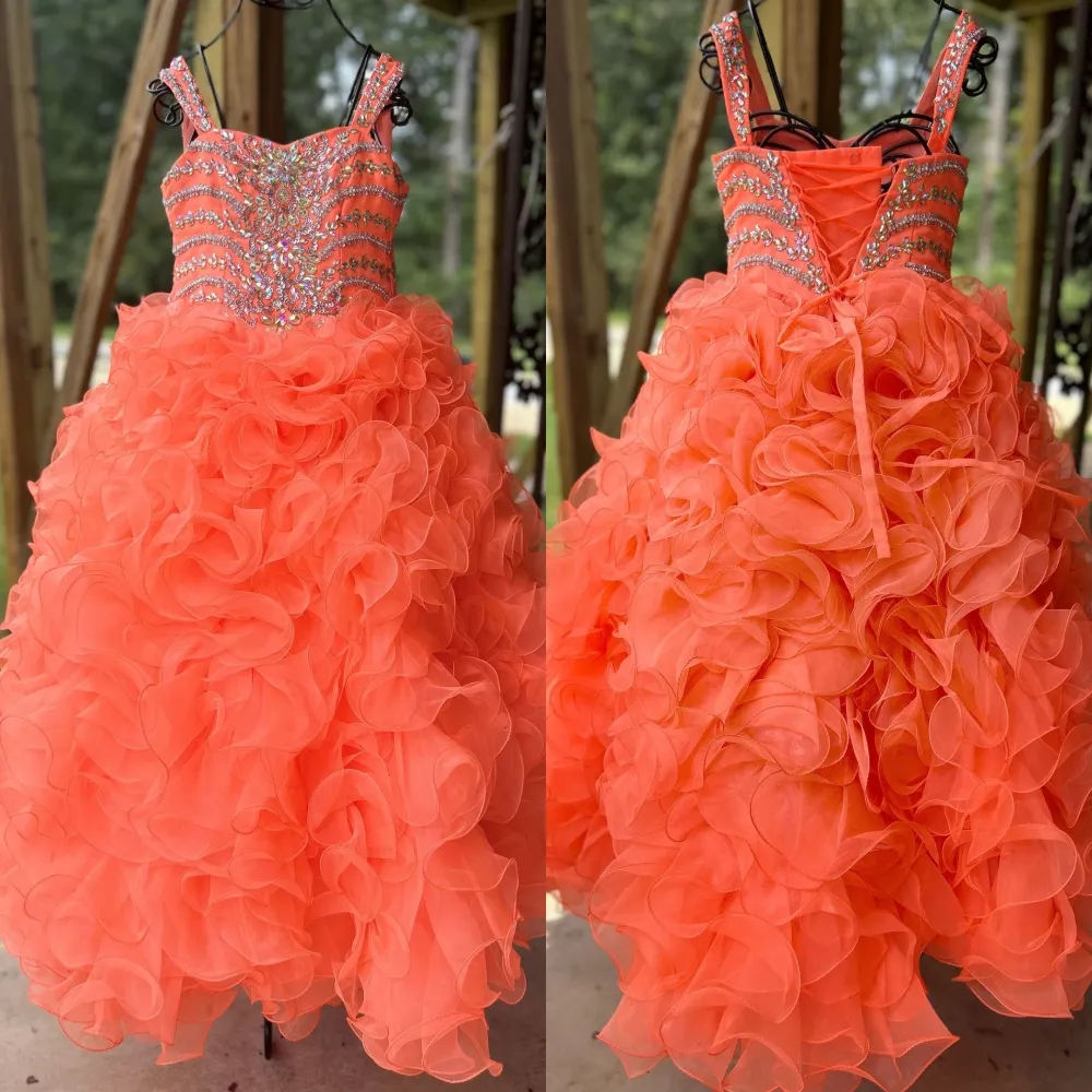 Vestido de princesa inchado de organza, vestido de baile para meninas, primeiro aniversário, infantil, flor, menina, criança, criança, bebê, menina, vestido, babado, laranja, pré-adolescente, jovem, júnior, senhorita, renda